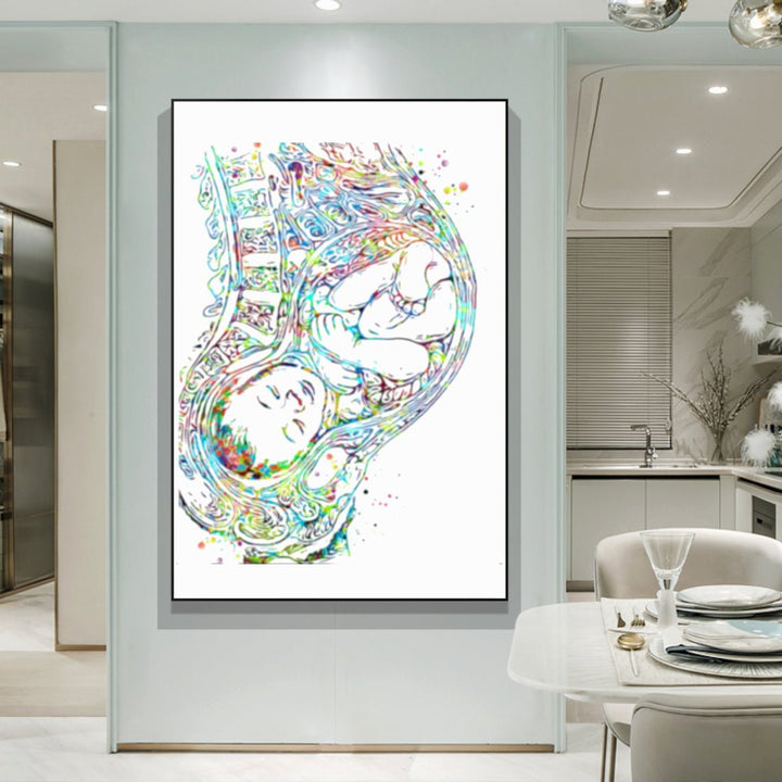 Pregnancy Full Term Foetus - 100% Cotton Canvas Watercolour Print – A stunning watercolor illustration of a foetus during pregnancy, printed on high-quality 100% cotton canvas. Perfect for decorating nurseries or celebrating the journey of motherhood.