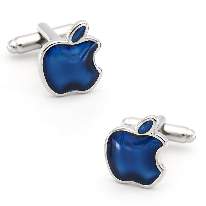 Bitten apple education cufflinks in blue and silver, a stylish accessory for educators, perfect for adding a playful touch to formal attire.