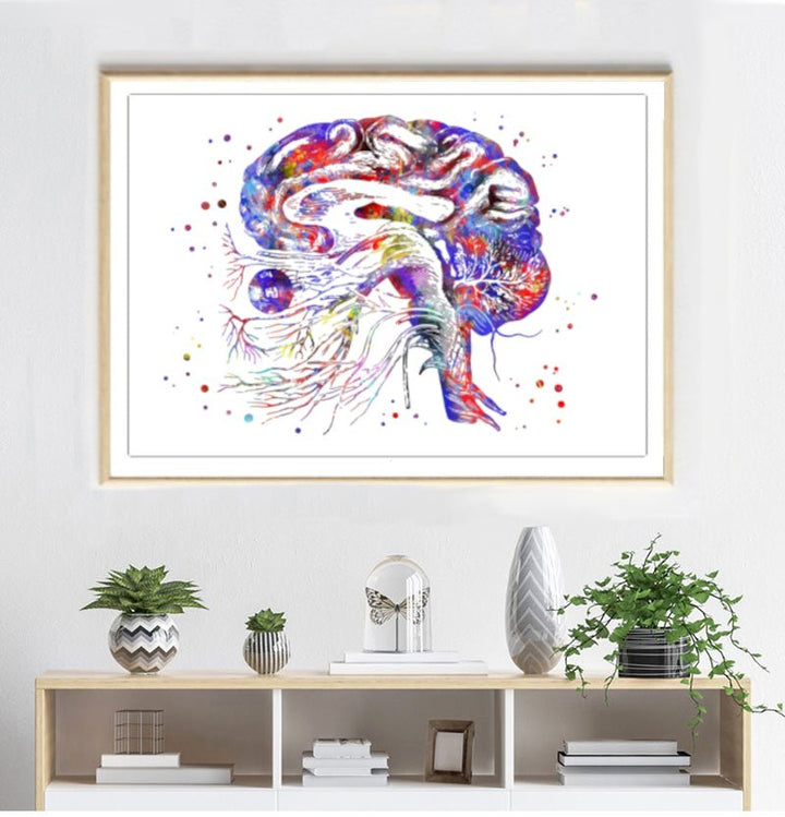 Watercolor print of the human brain showcasing cranial nerves, printed on 100% cotton canvas, ideal for educational settings and neuroscience enthusiasts