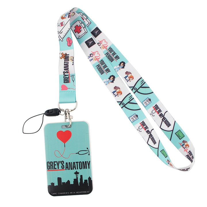 Grey's Anatomy 'Seattle Skyline' lanyard with ID card holder, perfect for health professionals, educators, and social care workers who need a stylish and functional way to carry their identification.