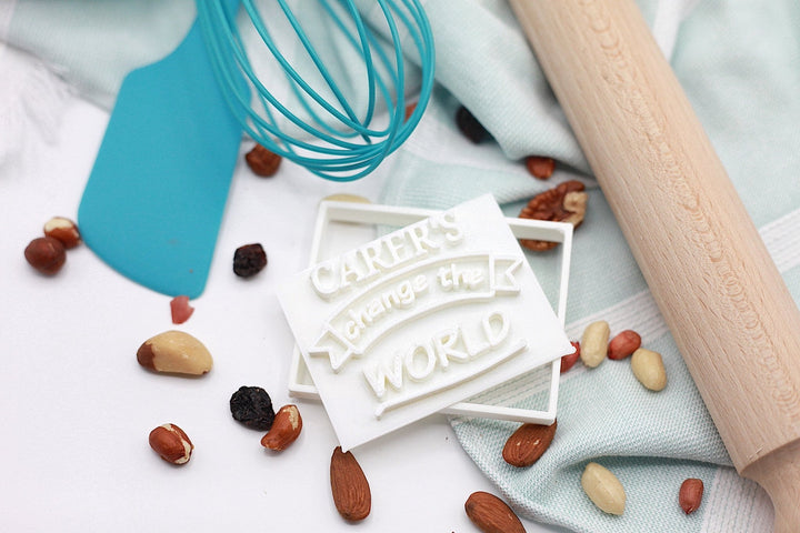 Carers Change The World cookie cutter, designed for social care professionals and educators to create inspiring treats that celebrate the impact of caregiving.