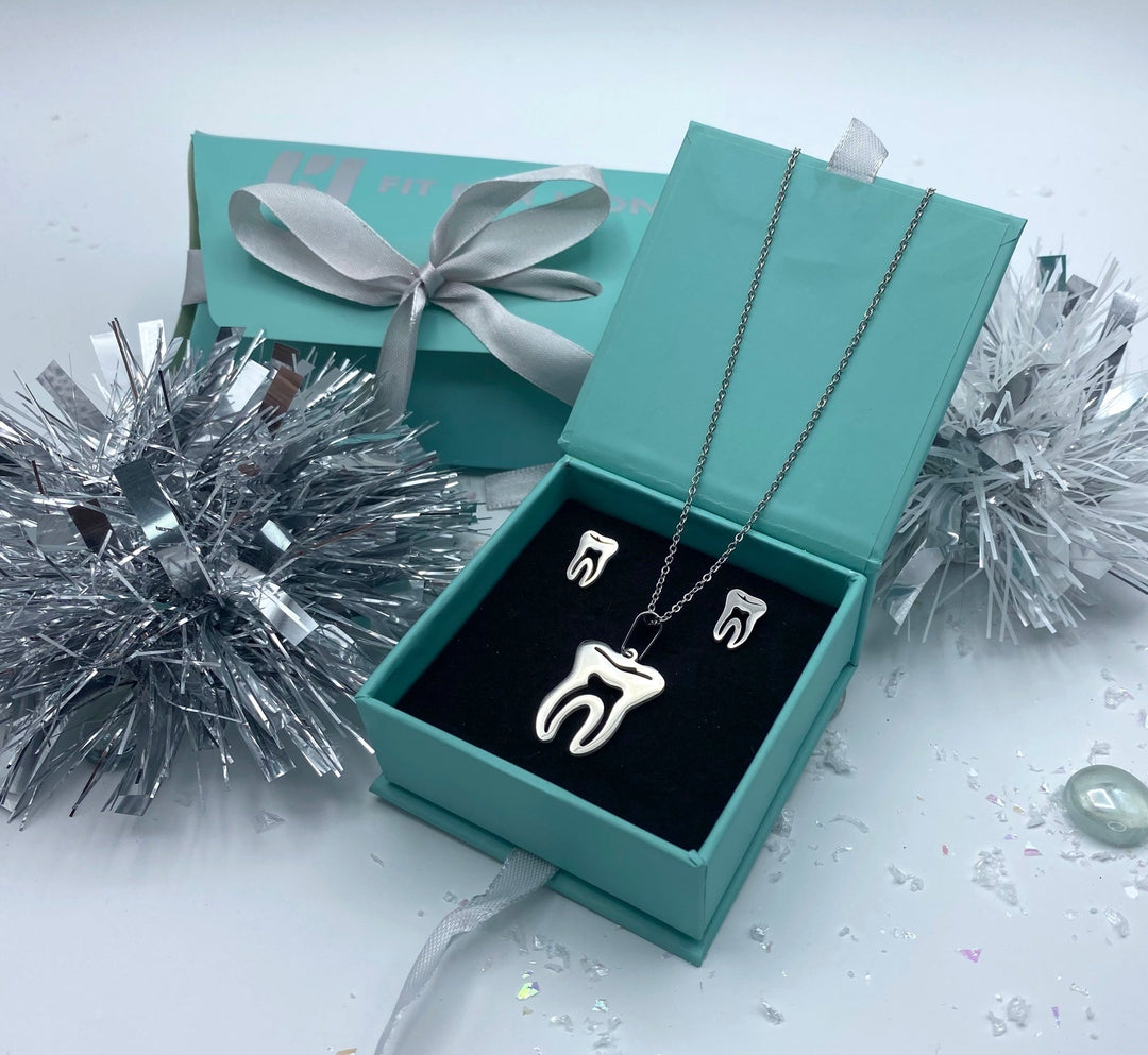 Tooth Silhouette Necklace and matching Stud Tooth Earrings set, ideal for dentists, dental students, and health professionals, celebrating dental health in a stylish and meaningful way, perfect for special gifting occasions.