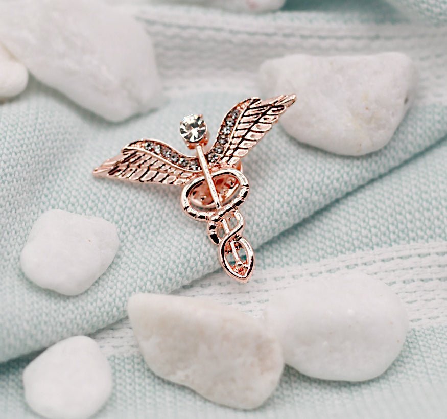 Caduceus Diamante Lapel Pin Rose Gold