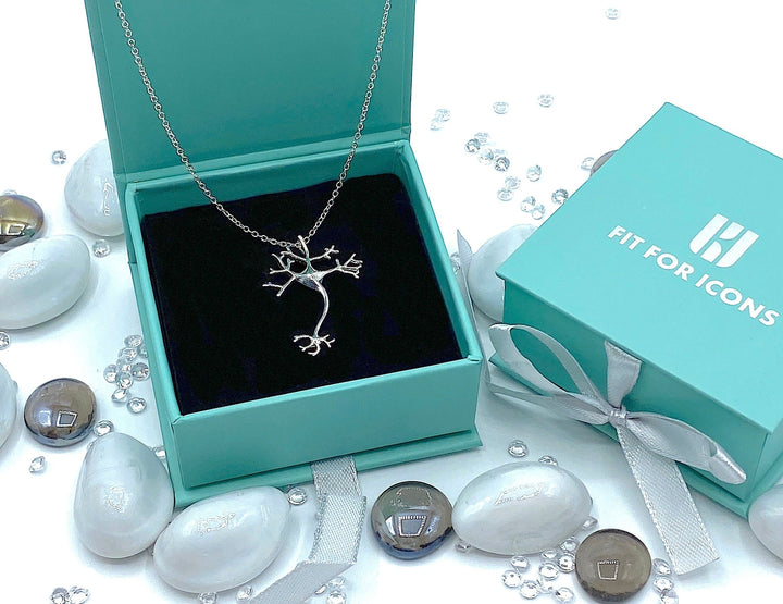 Elegant Silver Neuron Necklace, intricately designed to resemble a neuron structure, perfect for science enthusiasts and a thoughtful gift for those passionate about neuroscience.