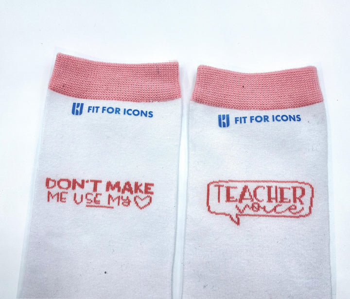 ‘Don't Make Me Use My Teacher Voice’ Socks - Fun and humorous socks perfect for educators and teachers who want to showcase their personality and love for teaching.