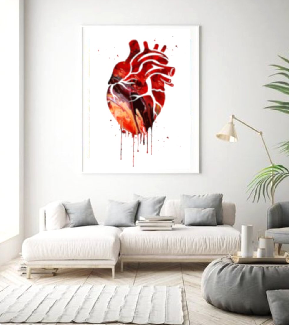 Anatomical dripping heart watercolor print on 100% cotton canvas, showcasing detailed heart illustrations with a vibrant drip effect. Ideal for professionals in health, veterinary, and social care, as well as educators and pet enthusiasts.