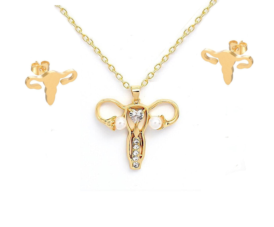 Gold Uterus Diamante Pendant Necklace, a chic accessory symbolizing women's health and empowerment.