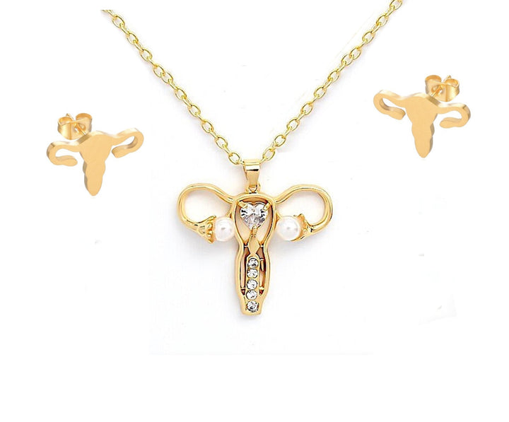 Uterus Diamante Pendant Necklace- Gold