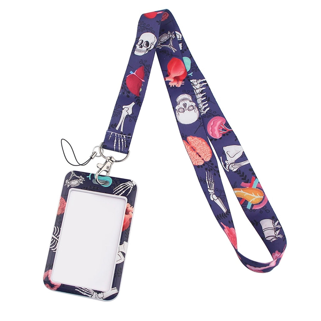 A stylish anatomy design lanyard featuring intricate illustrations of human anatomical structures, paired with a clear ID card holder. This functional accessory is perfect for healthcare professionals, students, or anyone in the medical field, providing a unique way to display identification while showcasing a passion for anatomy.