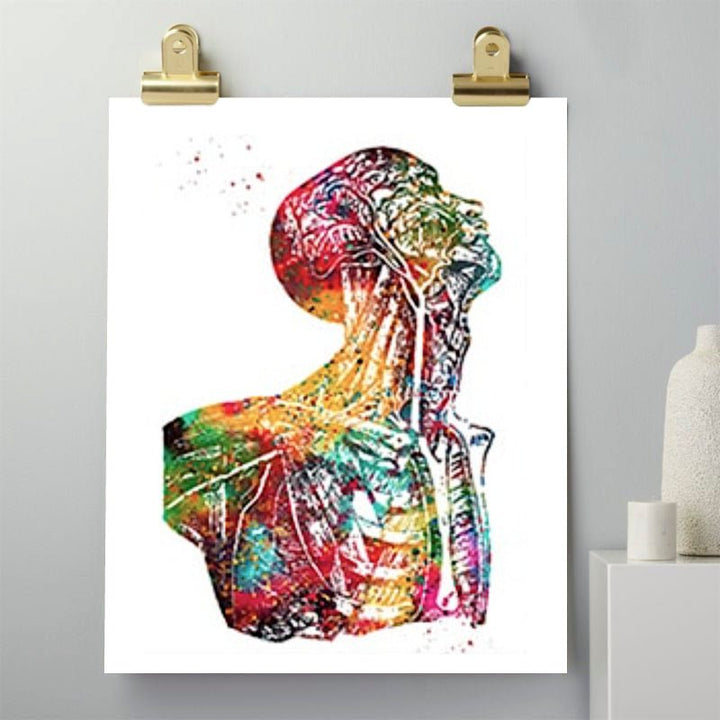 Head, neck, and torso muscles watercolor print on 100% cotton canvas, featuring beautifully detailed anatomical illustrations perfect for educational purposes or as a unique decor piece.