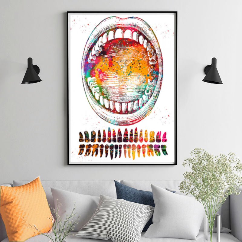 A full set of anatomical teeth illustrated in a vibrant watercolor style, printed on 100% cotton canvas. This artwork is perfect for dental professionals, showcasing detailed representations of human teeth, and adding a creative touch to any dental office or personal space.