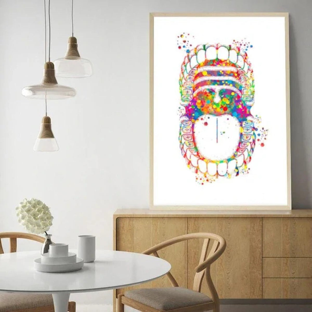 Open Wide - Dental Examination watercolor print on 100% cotton canvas, depicting a charming and playful dental scene perfect for dental professionals and enthusiasts.