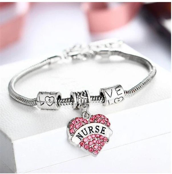 Nurse Diamante Heart Bracelet - Silver Plated