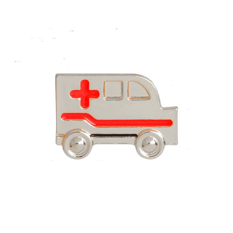 A silver ambulance lapel pin brooch featuring a red cross symbol and red detailing, ideal for medical professionals such as doctors, nurses, and paramedics