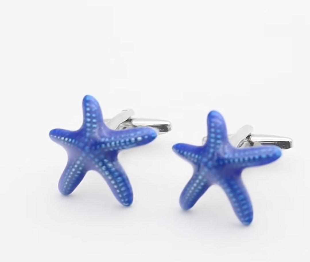 Silver cufflinks featuring a blue starfish design, perfect for social care professionals looking to add a stylish touch to their attire