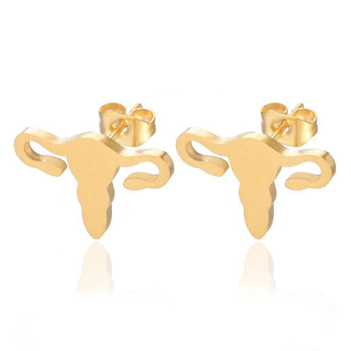 Gold Uterus Stud Earrings, a chic and meaningful accessory symbolizing women's health and empowerment.