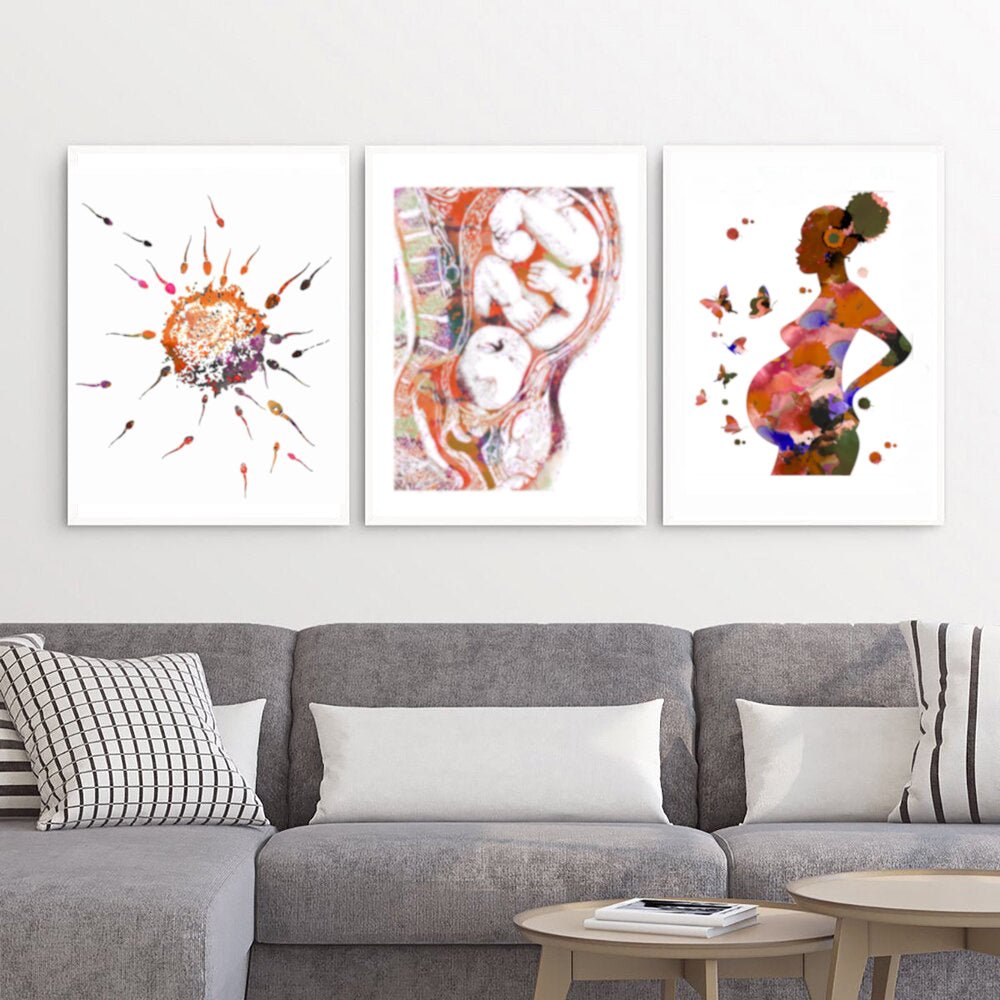 Pregnancy Full Term - Set of 3 100% Cotton Canvas Watercolour Prints – A beautifully curated trio of watercolor artworks depicting the stages of pregnancy, printed on high-quality 100% cotton canvas. Perfect for showcasing in nurseries or as a thoughtful gift for expecting parents.