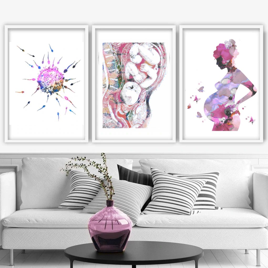 Pregnancy Set of 3 - 100% Cotton Canvas Watercolour Print ideal for Health professionals providing patient education.