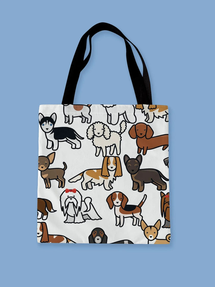 Charming Multi Dogs Tote Bag featuring an array of playful dog illustrations, perfect for dog lovers and ideal for everyday use, shopping, or carrying pet essentials.