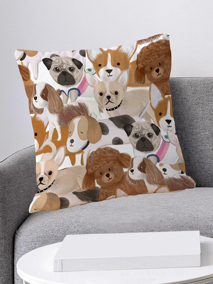 Playful Multi Dogs Cushion Cover featuring a delightful array of dog illustrations, perfect for adding warmth and personality to any dog lover's home decor.