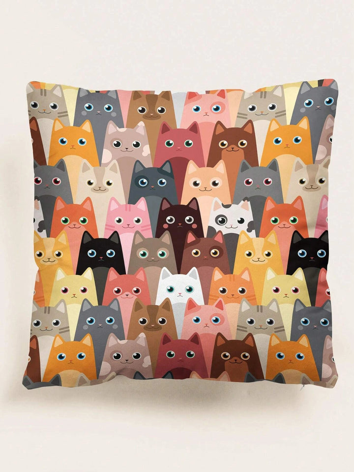 Colorful Multi Cats Cushion Cover featuring a playful pattern of various cat illustrations, perfect for adding a fun and cozy touch to any living space or cat lover's decor.