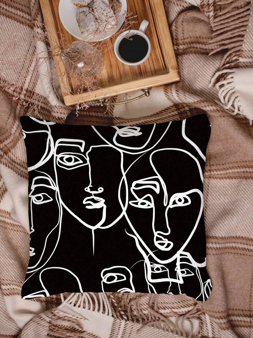 Human Abstract Face Cushion Cover, featuring a modern and artistic design that showcases abstract facial shapes and lines. A stylish and contemporary addition to any living space or decorative arrangement