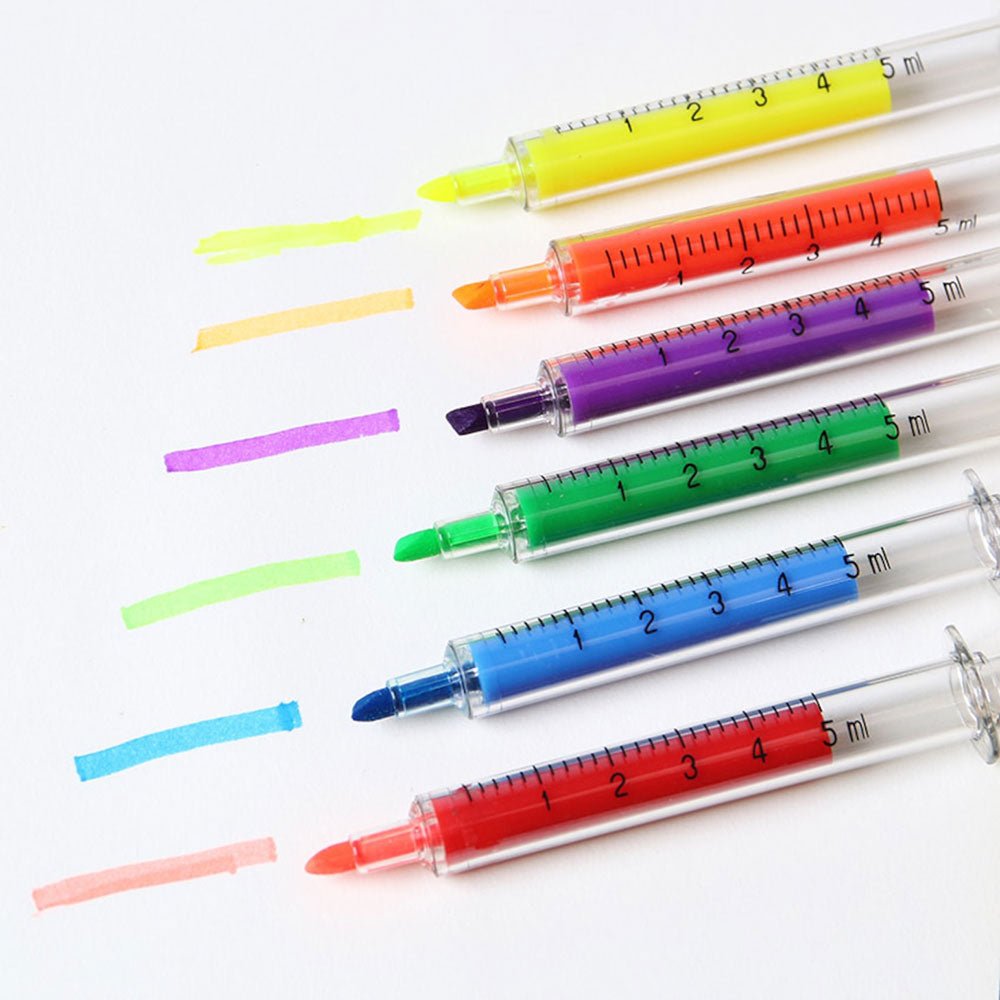 Unique syringe highlighter pen designed for healthcare professionals and students, featuring a fun and functional design for vibrant and precise highlighting.