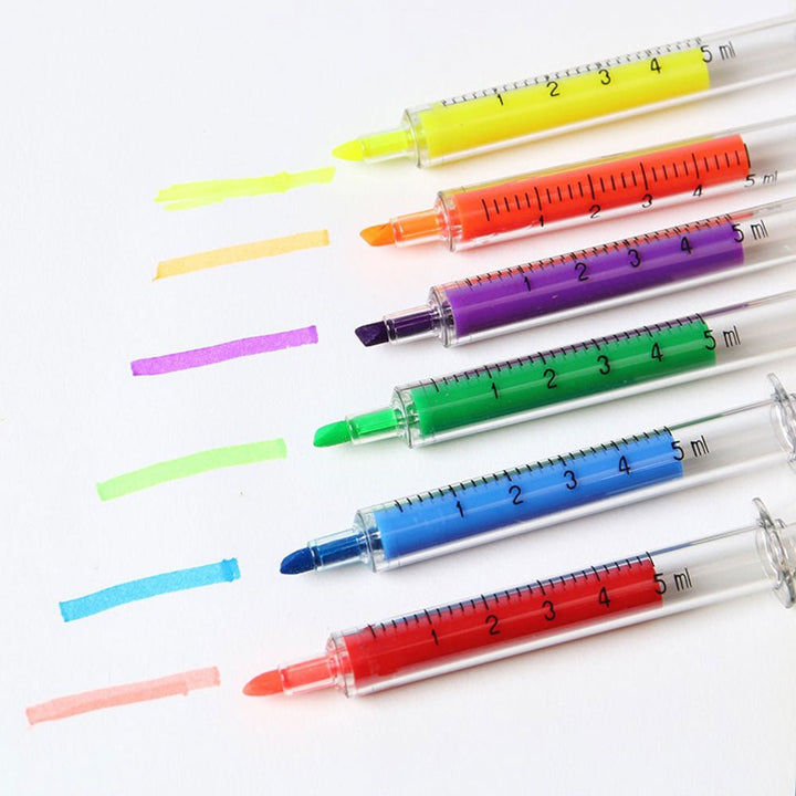 Unique syringe highlighter pen designed for healthcare professionals and students, featuring a fun and functional design for vibrant and precise highlighting.