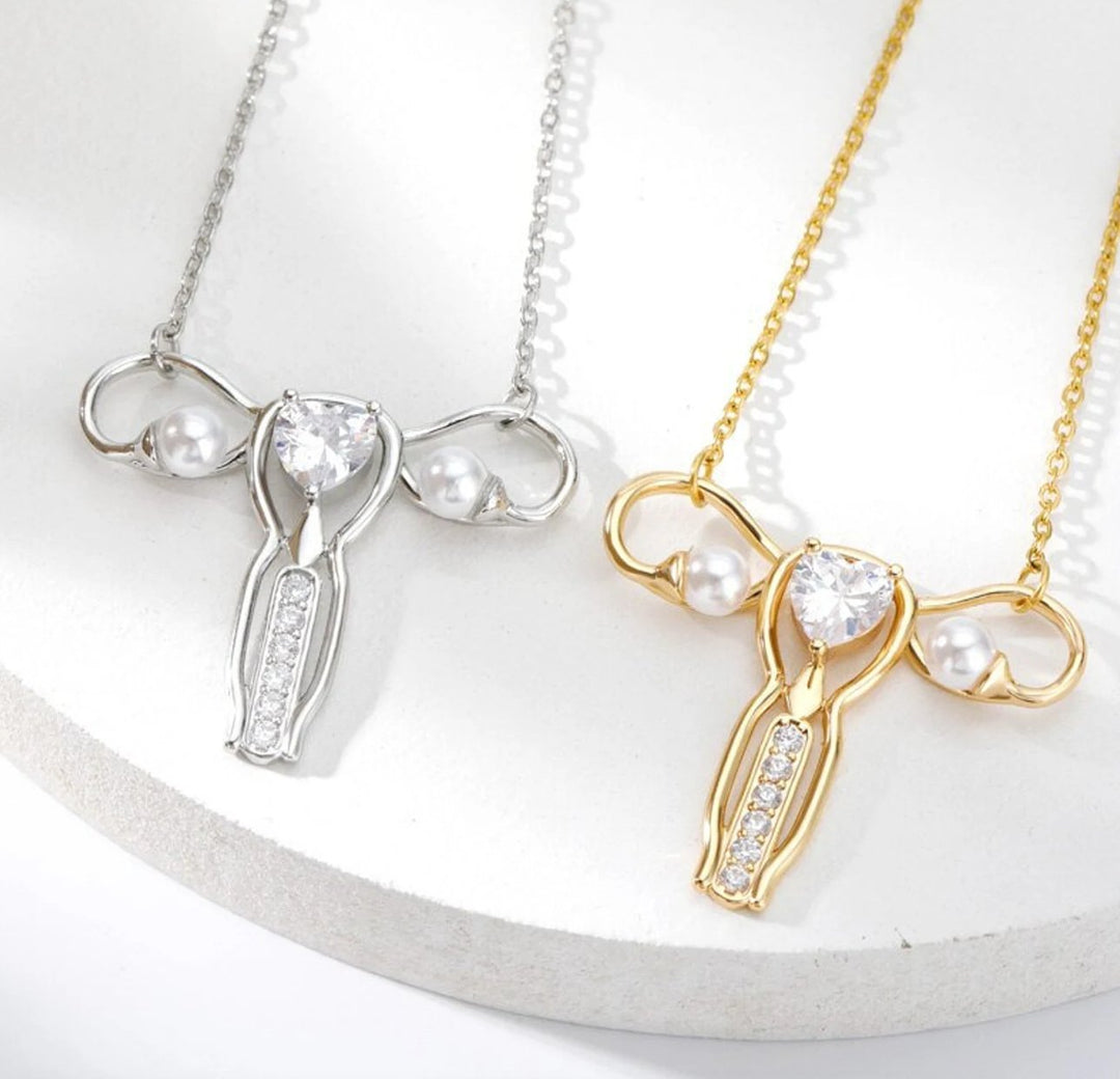 Uterus Diamante Pendant Necklace- Gold