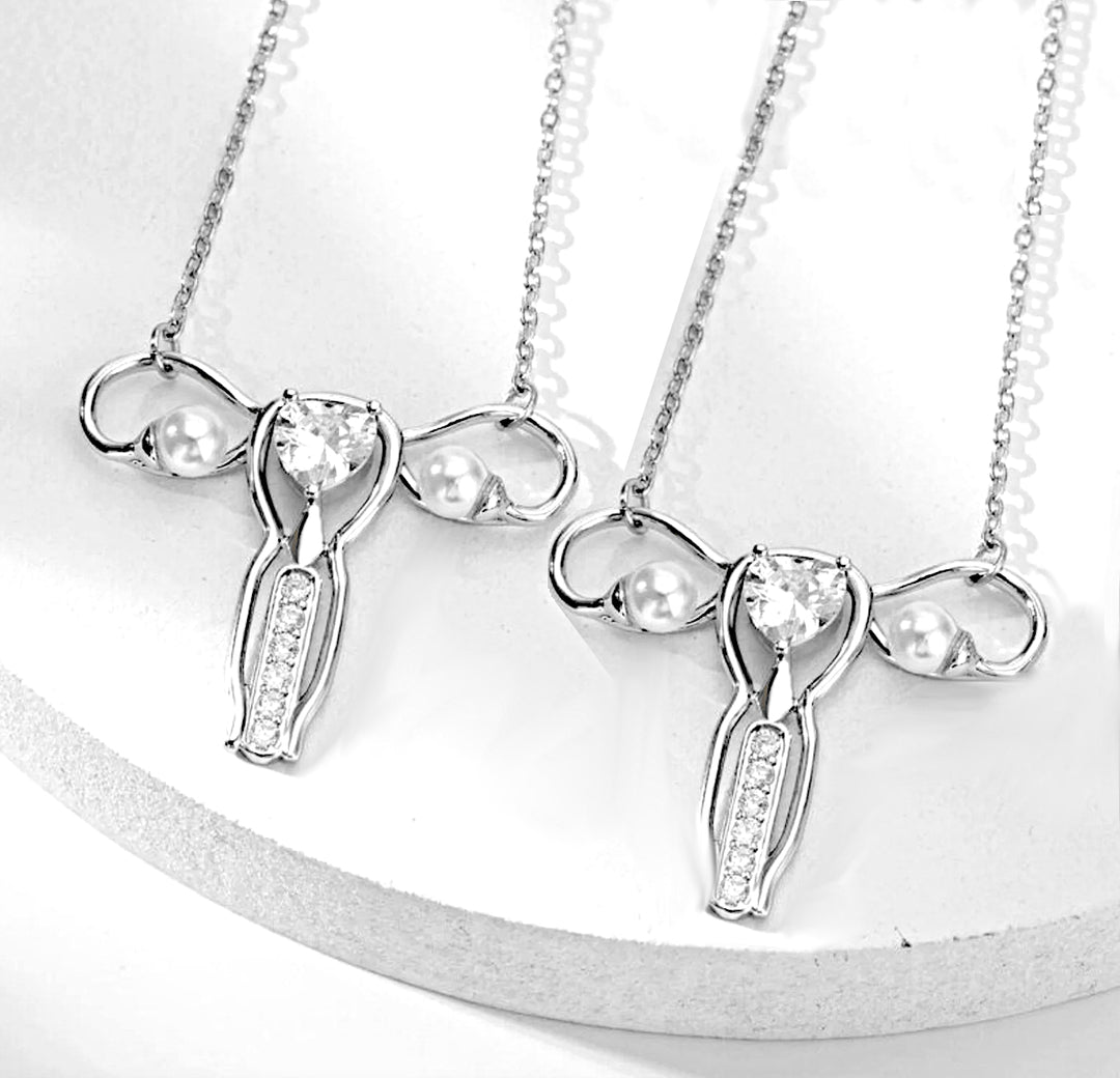 Uterus Diamante Necklace and matching earrings - Silver