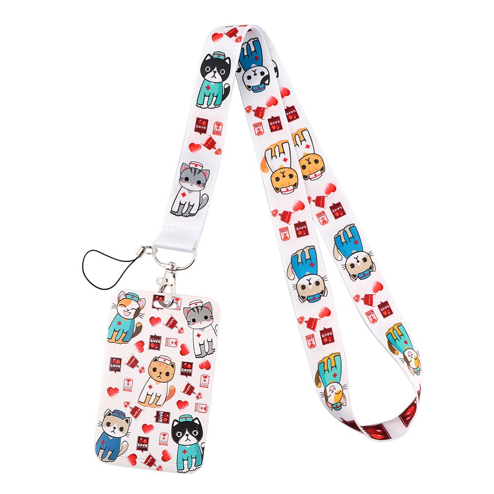 Cats in Scrubs Lanyard & ID Badge Card Holder in white, featuring a fun design of cats dressed in scrubs, perfect for veterinary professionals and cat lovers.