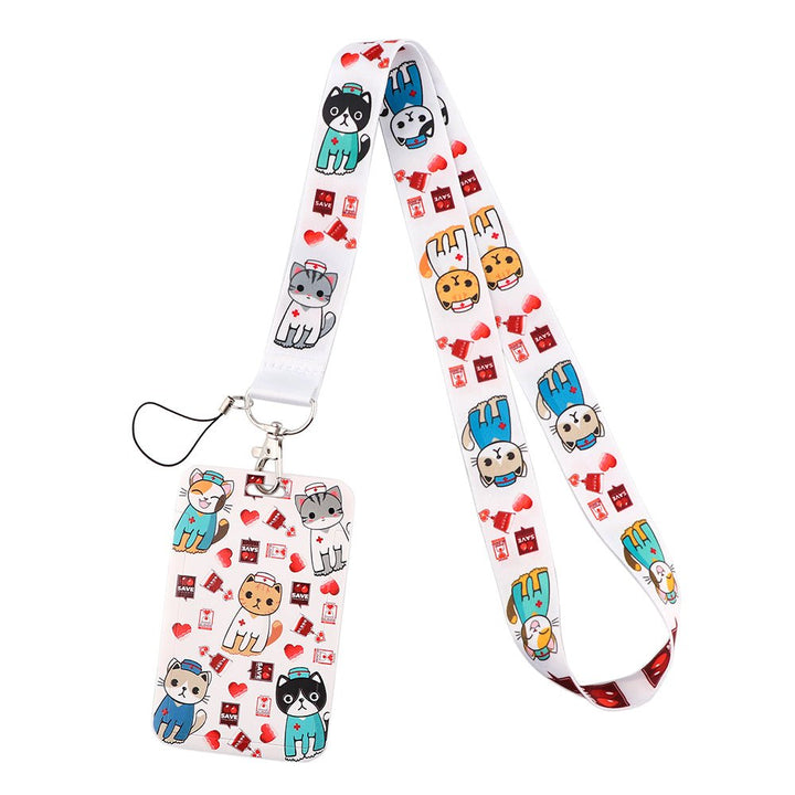 Cats in Scrubs Lanyard & ID Badge Card Holder in white, featuring a fun design of cats dressed in scrubs, perfect for veterinary professionals and cat lovers.