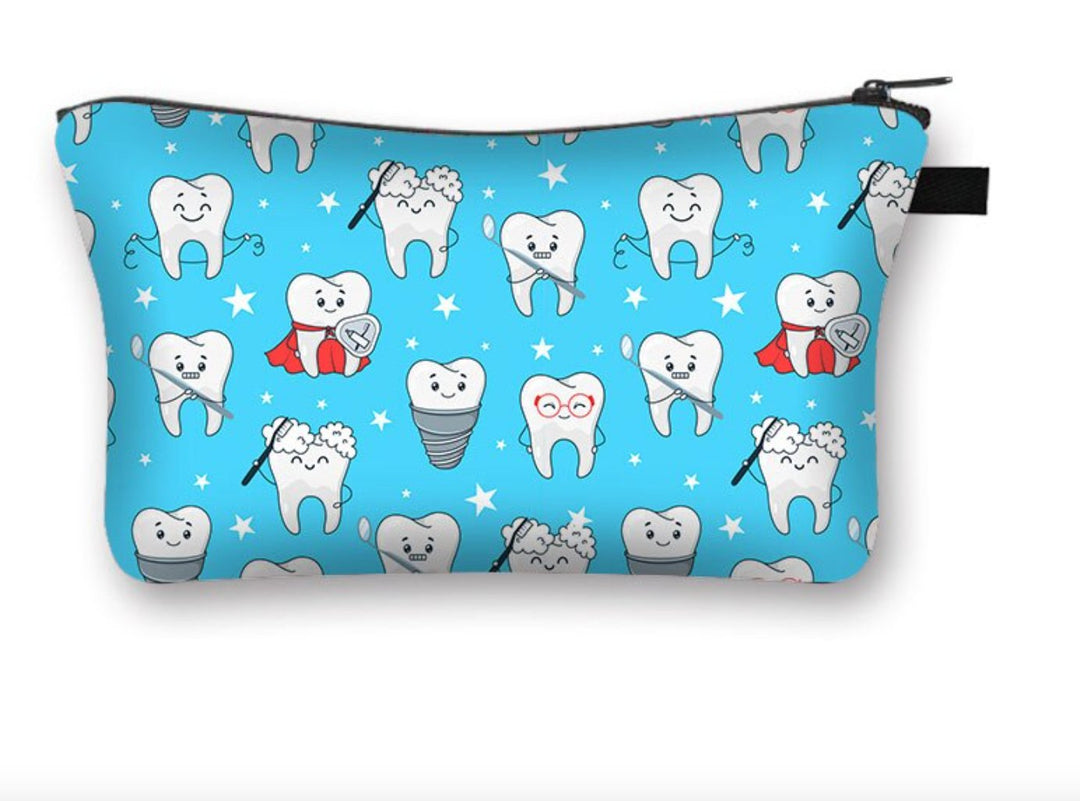 Dentistry ‘Superhero’ Tooth Design Make-up Bag - A stylish makeup bag featuring a fun 'Superhero' tooth design, perfect for dental professionals and enthusiasts to store cosmetics or dental tools