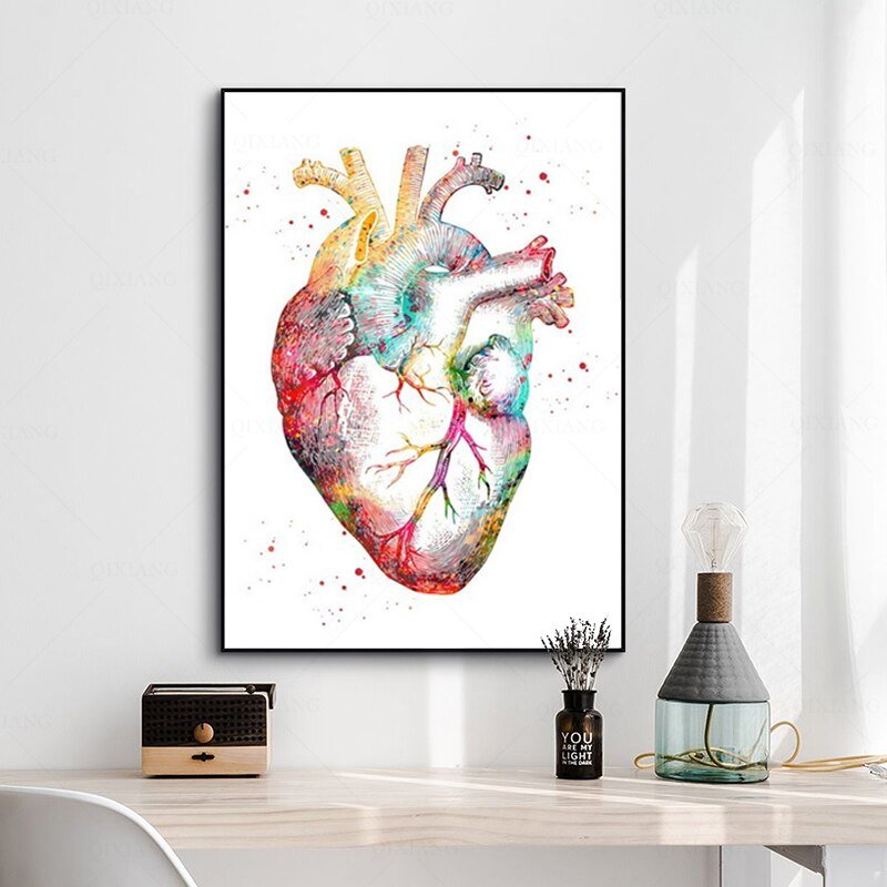 Anatomical heart poster printed on 100% cotton canvas, featuring a vibrant watercolor design that adds artistic flair to any space.