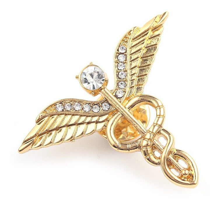 Caduceus Diamante Lapel Pin in Gold - A stylish and elegant lapel pin featuring a sparkling diamante design, symbolizing medicine and healthcare professionalism, perfect for doctors, nurses, and medical staff