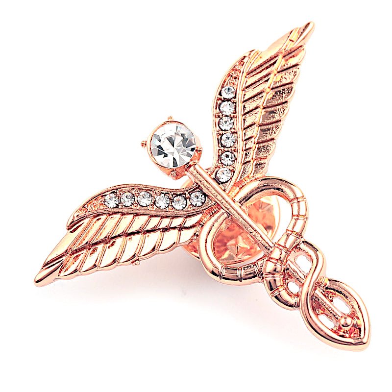 Caduceus Diamante Lapel Pin Rose Gold