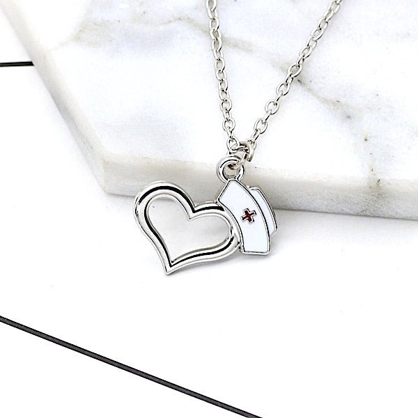 Nurse Hat Heart Necklace Silver