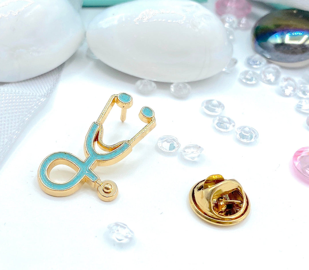 Stethoscope Pin Brooch - Blue Gold