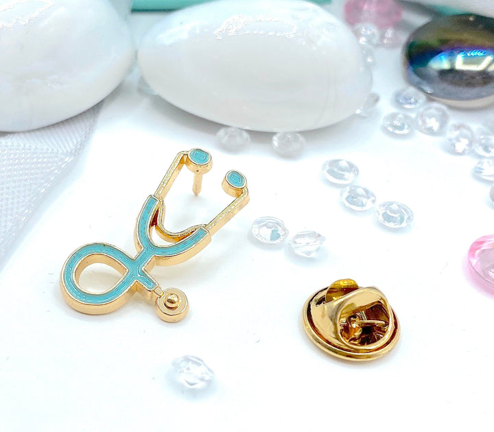 Stethoscope Pin Brooch - Blue Gold