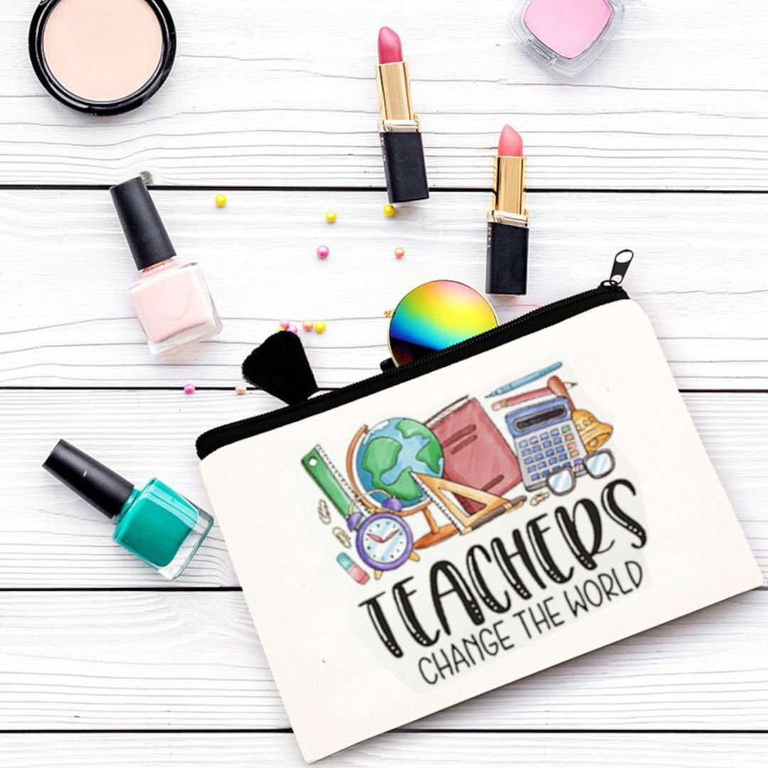 Teachers Change The World Make-Up Bag Pencil Case - A stylish and versatile pouch featuring the empowering phrase 'Teachers Change The World.' Ideal for storing makeup, pencils, or other essentials, this case is a great gift for teachers who inspire and shape the future.