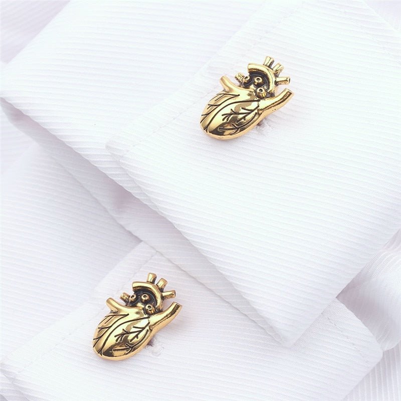 Anatomical heart cufflinks in antique gold, featuring intricate detailing for a stylish and unique accessory, perfect for medical professionals and lovers of anatomical art