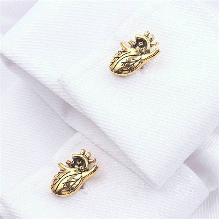 Anatomical heart cufflinks in antique gold, featuring intricate detailing for a stylish and unique accessory, perfect for medical professionals and lovers of anatomical art