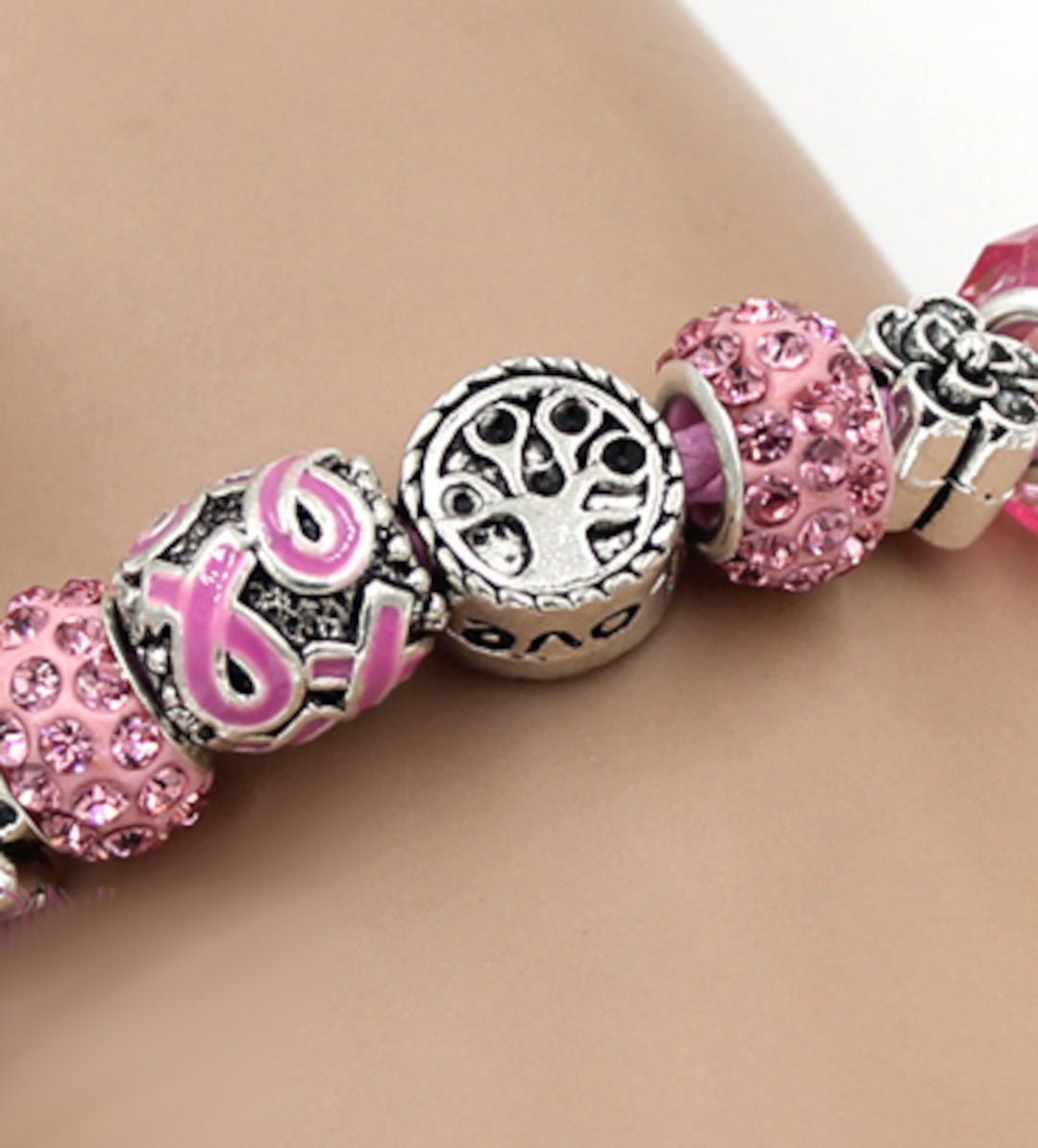 Pink Ribbon Tree of Life Cancer Bracelet - Pink Silver