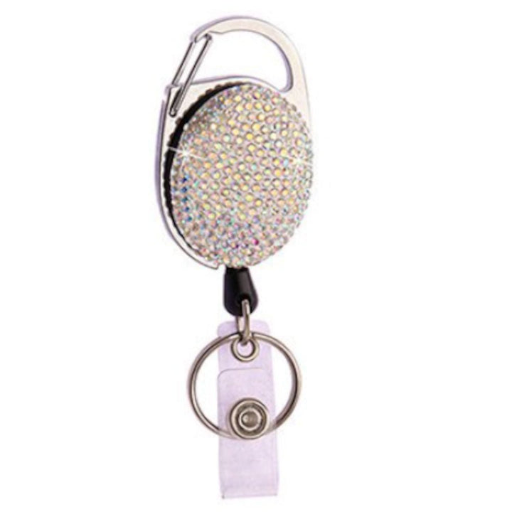 Diamante Retractable ID Badge Holder in Black, White, and Silver - A stylish retractable ID badge holder adorned with sparkling diamantes, featuring a sleek color combination of black and white with silver accents, perfect for showcasing your ID with elegance.