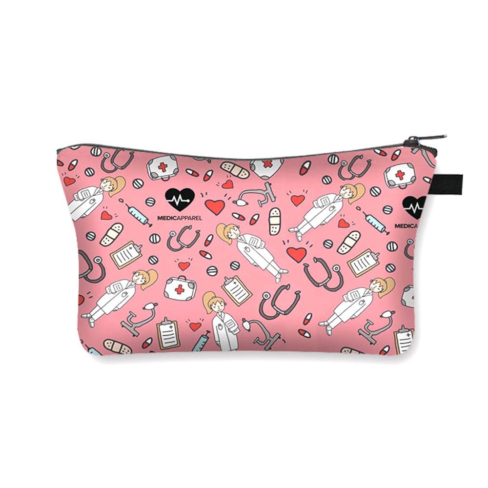 Trendy Doctor Pharmacist Health Makeup Bag in pink, featuring stylish designs perfect for healthcare professionals to store makeup and essentials while showcasing their passion for medicine.