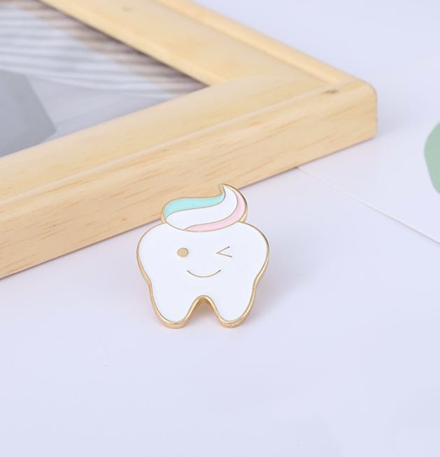 Tooth & Stripey Toothpaste lapel pin brooch. White Gold