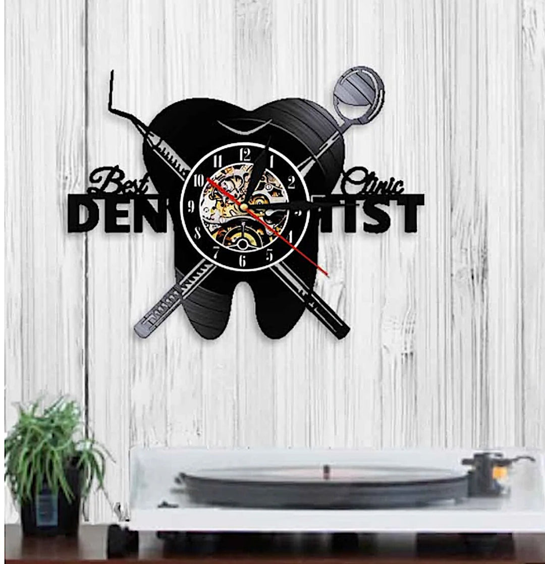 Vintage Black Vinyl Tooth Shaped Wall Clock featuring a classic design that adds a stylish touch to dental-themed decor.