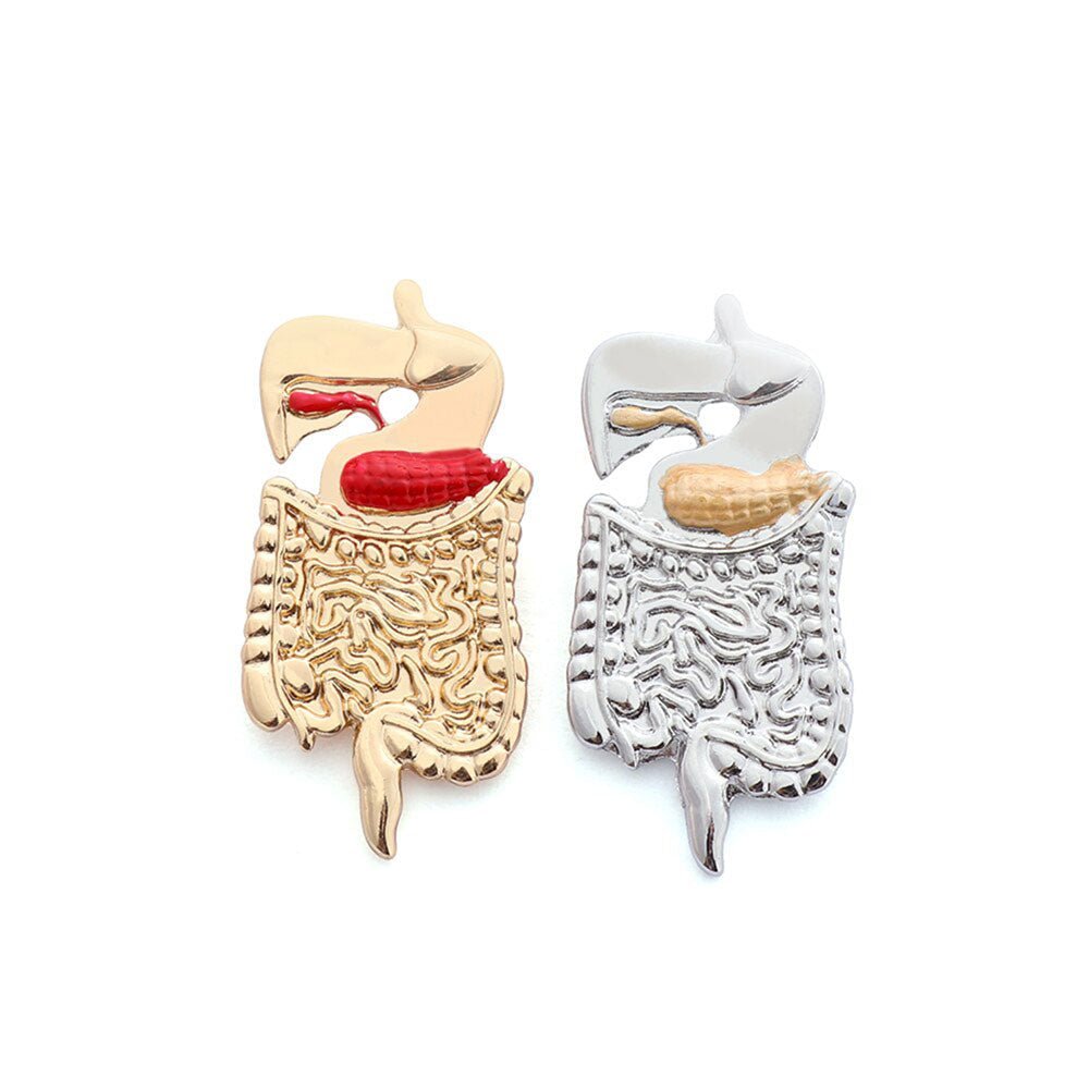 Digestive Tract Pin in Silver and Gold - A beautifully designed enamel pin featuring the human digestive tract, crafted in a striking combination of silver and gold, perfect for medical professionals, anatomy enthusiasts, or as a unique fashion statement.