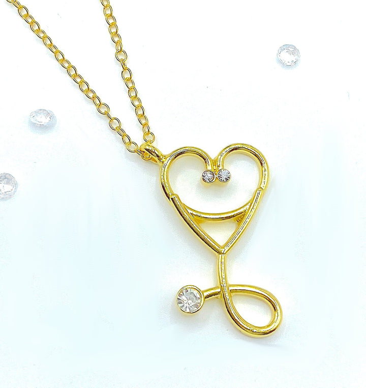 Stethoscope Diamante Pendant Necklace - Gold