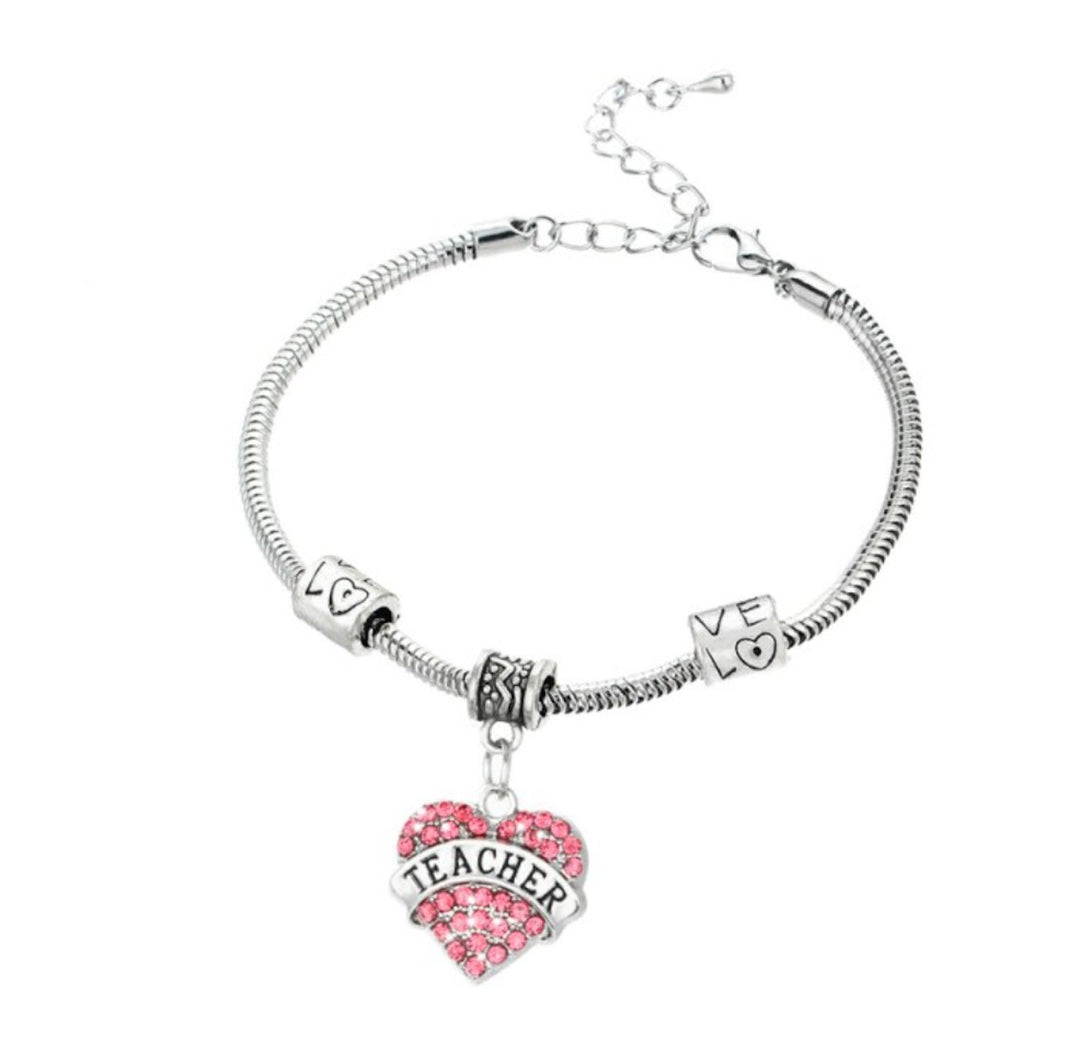 Teacher Pink Diamante Heart Bracelet